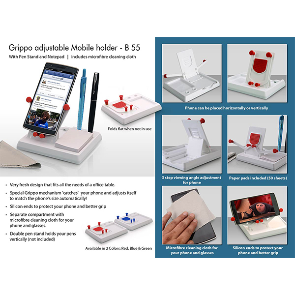 B55 – Grippo Mobile Holder With Angle Adjustment, Pen Stand, And Notepad