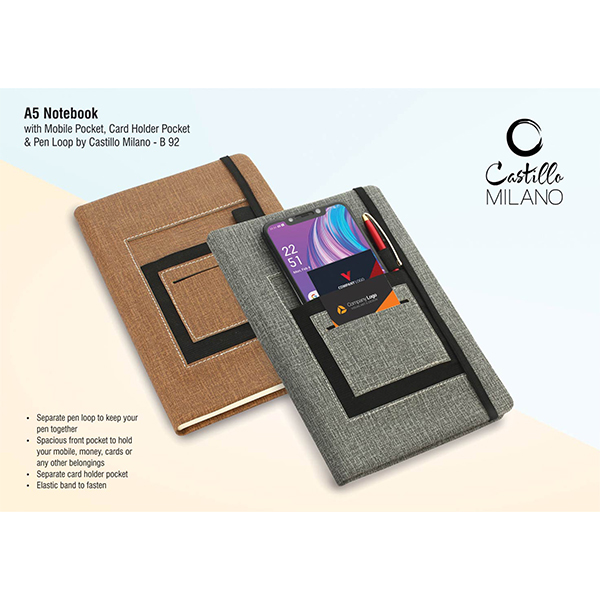 B92B – A5 Notebook With Mobile Pocket, Card Holder Pocket & Pen Loop By Castillo Milano |
