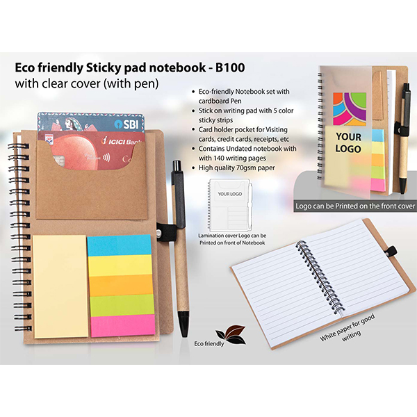 B100 – Eco Friendly Sticky Pad Notebook With Clear Cover (With Pen)