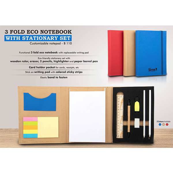 B110 – 3 Fold Eco Notebook With Stationary Set | Customizable Notepad
