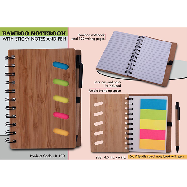 B120 – Bamboo Notebook With Sticky Notes And Pen