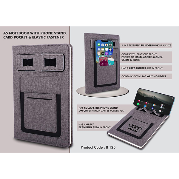 B125 – A5 Notebook With Phone Stand, Card Pocket, Mobile Pocket, Pen Loop & Elastic Fastener