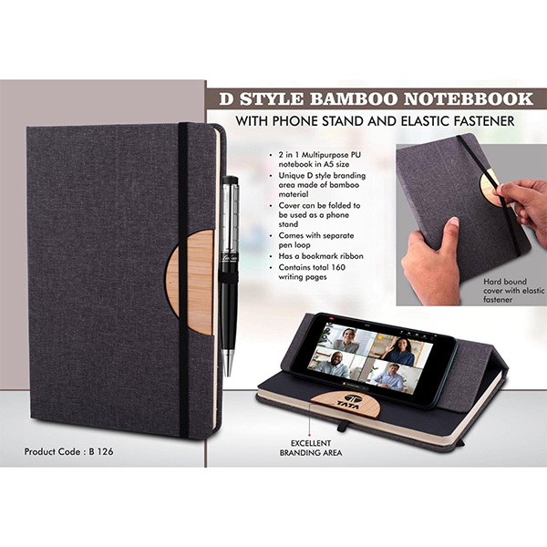 B126 – D Style Bamboo Notebook With Phone Stand And Elastic Fastener