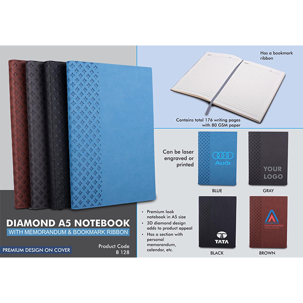 B128 – Diamond A5 Notebook With Memorandum & Bookmark Ribbon