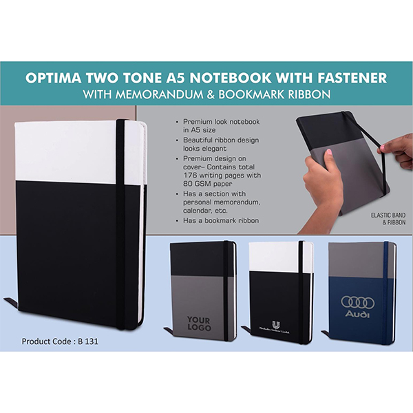 B131 – Optima Two Tone A5 Notebook With Fastener | With Memorandum & Bookmark Ribbon