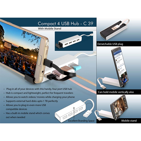 C39 – Compact 4 Usb Hub With Mobile Stand