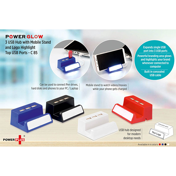 C85 – Powerglow 3 Usb Hub With Mobile Stand And Logo Highlight (Top Usb)