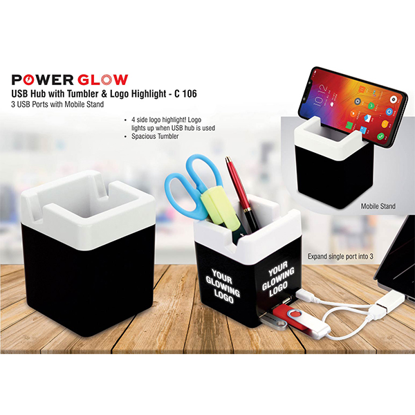C106 – Powerglow Usb Hub With Tumbler And Logo Highlight | 3 Usb Ports | With Mobile Stand