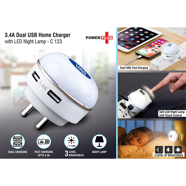 C123 – Dual Usb Fast Charger With Night Lamp