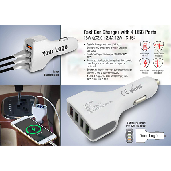 C154 – Fast Car Charger With 4 Usb Ports | 18W Qc3.0+2.4A 12W