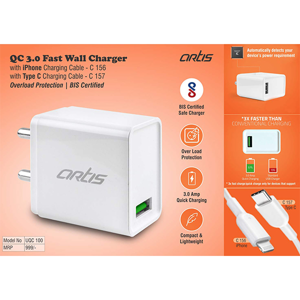 C156 – Artis Qc 3.0 Fast Wall Charger With Iphone Charging Cable