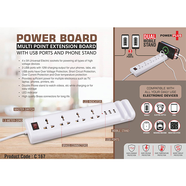 C167 – Power Board: Multi Point Extension Board With Usb Ports And Phone Stand