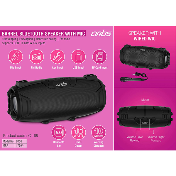 C168 – Artis Barrel Bluetooth Speaker With Mic | 16W Output | Tws Option | Handsfree Calling | Fm Radio | Supports Usb, Tf Card & Aux Inputs (Bt36)