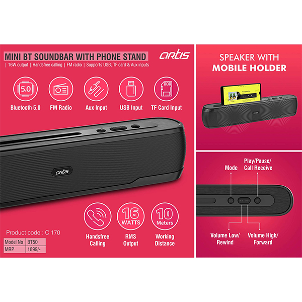C170 – Artis Mini Bt Soundbar With Phone Stand | 16W Output | Handsfree Calling | Fm Radio | Supports Usb, Tf Card & Aux Inputs