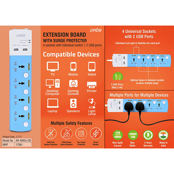 C171 – Artis Extension Board With Surge Protecter | 4 Sockets With Individual Switch | 2 Usb Ports (Ar-4Msu-Cb)