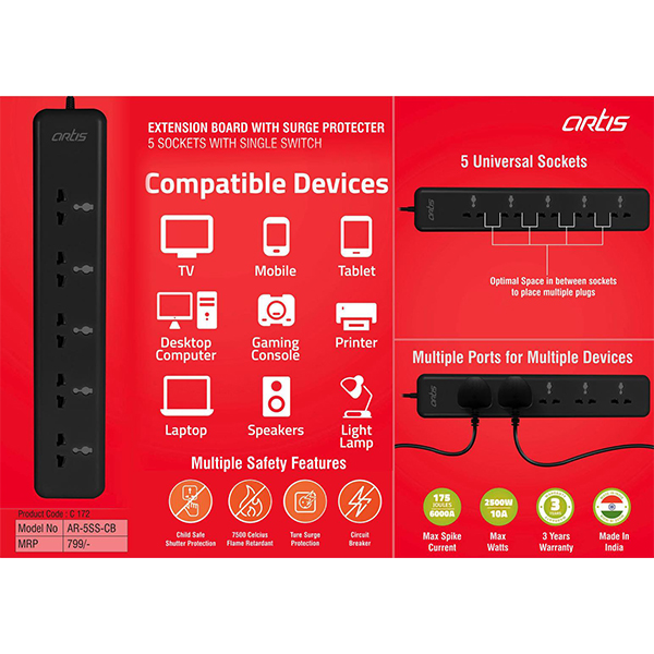 C172 – Artis Extension Board With Surge Protecter | 5 Sockets With Single Switch | (Ar-5Ss-Cb