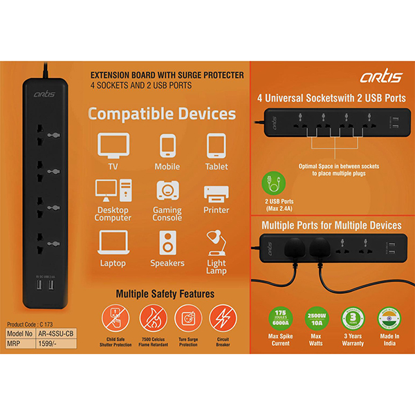 C173 – Artis Extension Board With Surge Protecter | 4 Sockets And 2 Usb Ports (Ar-4Ssu-Cb)