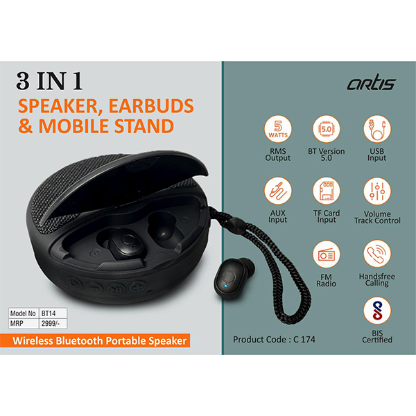 C174 – Artis Bt14 Speaker With Earbuds And Phone Stand