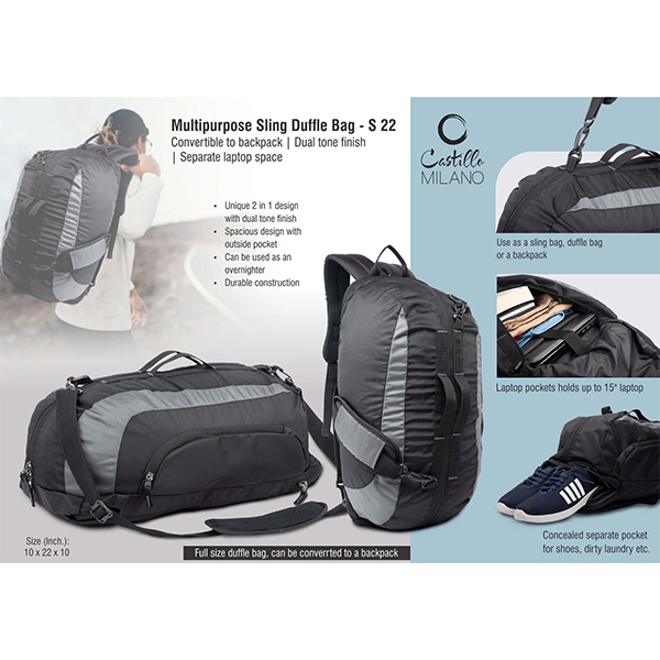 S22 – Multipurpose Sling Duffle Bag | Convertible To Backpack | Dual Tone Finish | Separate Laptop Space