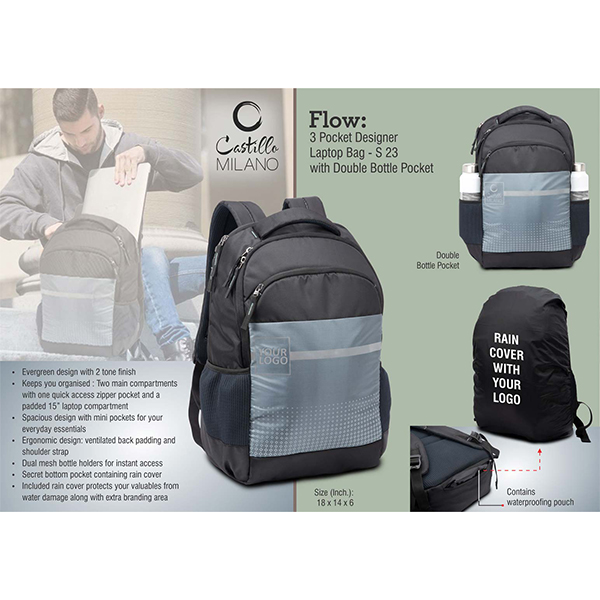 S23 – Flow: 3 Pocket Designer Laptop Bag With Double Bottle Pocket And Rain Cover