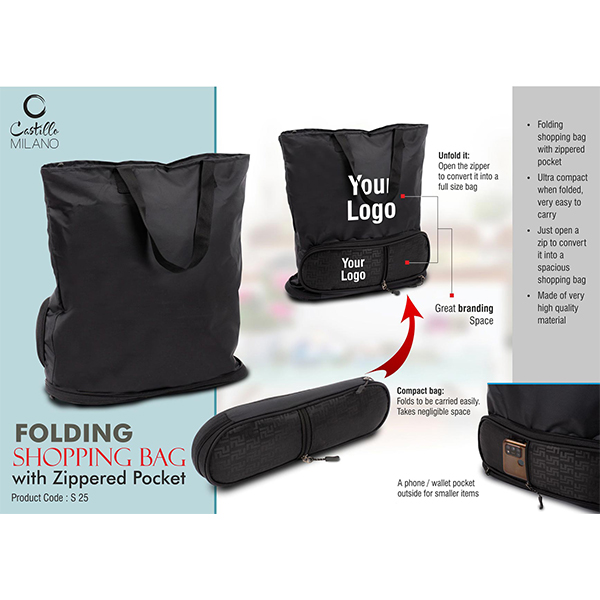 S25 – Folding Shopping Bag With Zippered Pocket | Phone, Wallet Pocket Outside