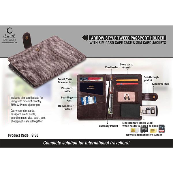 S30 – Arrow Style Tweed Passport Holder With Sim Card Safe Case & Sim Card Jackets