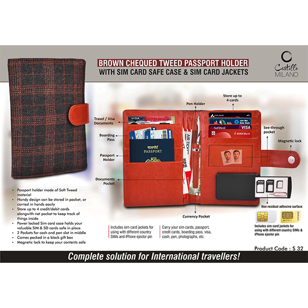 S32 – Brown Chequed Tweed Passport Holder With Sim Card Safe Case & Sim Card Jackets
