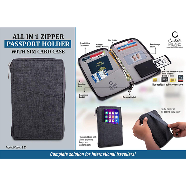 S33 – All In 1 Zipper Passport Holder With Sim Card Case- Gray