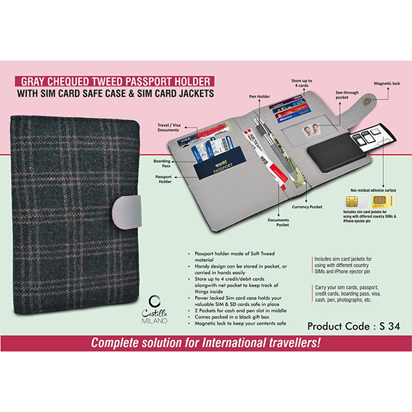 S34 – Gray Chequed Tweed Passport Holder With Sim Card Safe Case & Sim Card Jackets