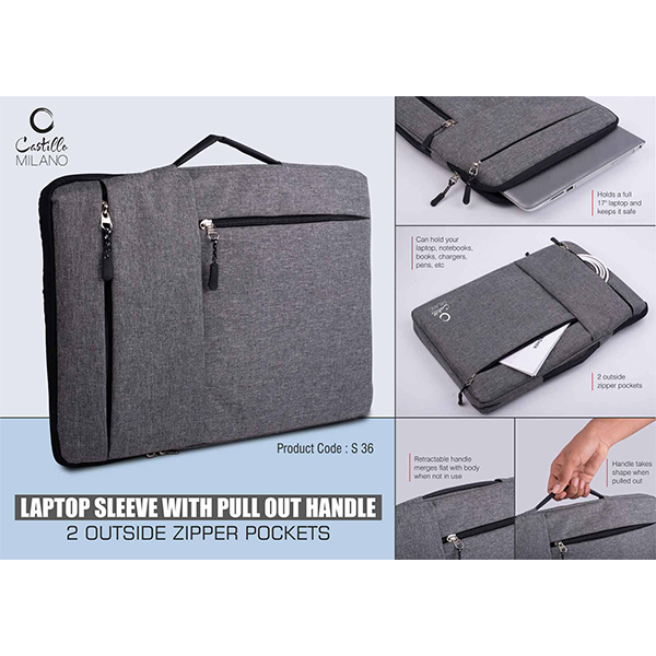 S36 – Laptop Sleeve With Pull Out Handle | 2 Outside Zipper Pockets