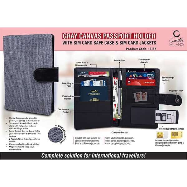 S37 – Gray Canvas Passport Holder With Sim Card Safe Case & Sim Card Jackets