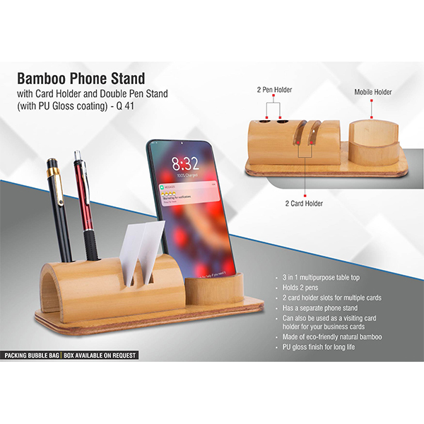Q41 – Bamboo Phone Stand With Card Holder And Double Pen Stand