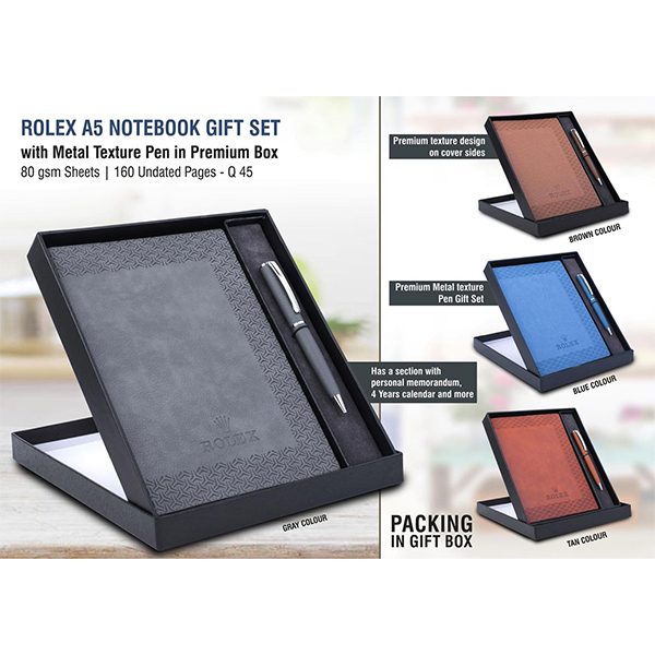 Q45 – Rolex Notebook With Metal Texture Pen Gift Set In Premium Box