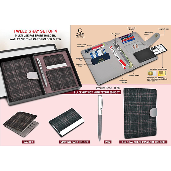 Q78 – Tweed Gray Set Of 4: Multi Use Passport Holder, Wallet, Card Holder, Metal Pen
