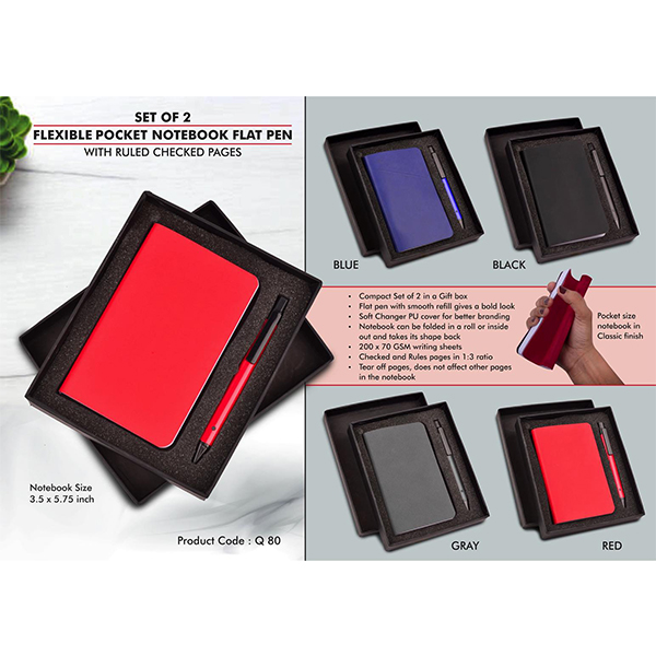 Q80 – Set Of 2: Flexible Pocket A6 Notebook With Ruled & Checked Pages With Flat Pen