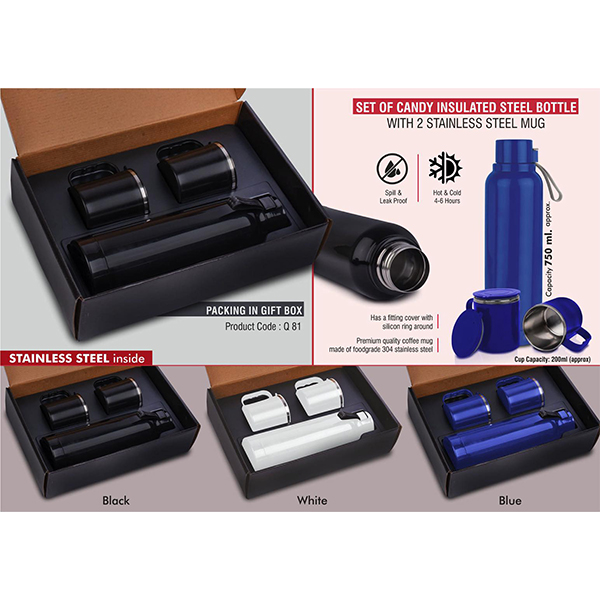 Q81 – Set Of Candy Insulated Steel Bottle With 2 Stainless Steel Cups In Gift Box | Keeps Hot/Cold Upto 6 Hours | Exclusive Blister Packing