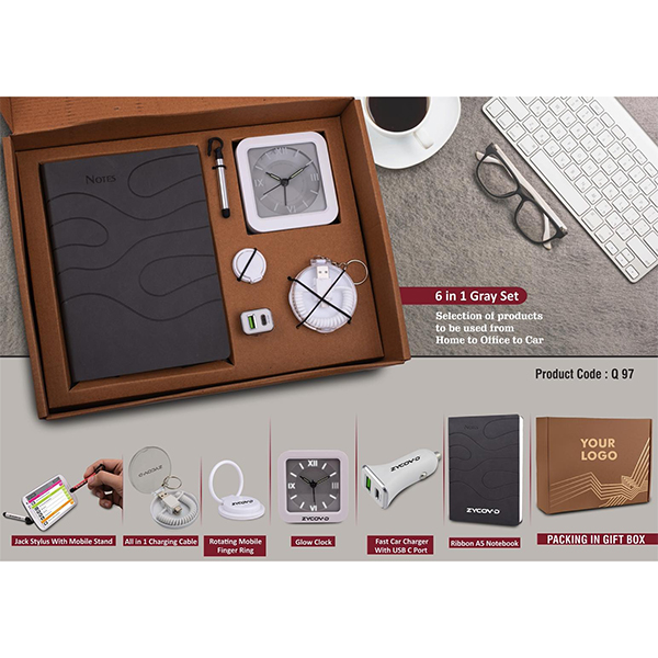 Q97 – 6 In 1 Gray Set: Mobile Finger Ring, All In 1 Cable With Keychain, Fast Dual Usb Car Charger, Jack Stylus With Phone Stand, Glow Clock And A5 Pu Notebook In Kraft Gift Box