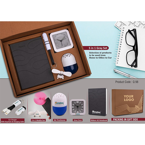 Q98 – 5 In 1 Gray Set: Mobile Fan, Keychain With Car Charger And Cable, Air Freshener (100 Gm), Glow Clock And A5 Pu Notebook In Kraft Gift Box