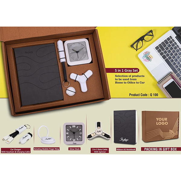 Q100 – 5 In 1 Gray Set: Mobile Finger Ring, Keychain With Car Charger And Cable, Spinner With Charging Cable, Glow Clock And A5 Pu Notebook In Kraft Gift Box