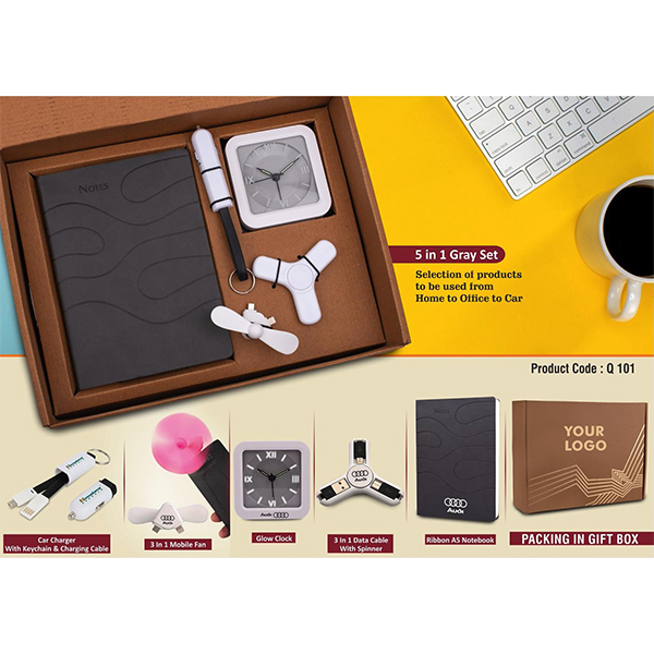 Q101 – 5 In 1 Gray Set: Mobile Fan, Keychain With Car Charger And Cable, Spinner With Charging Cable, Glow Clock And A5 Pu Notebook In Kraft Gift Box