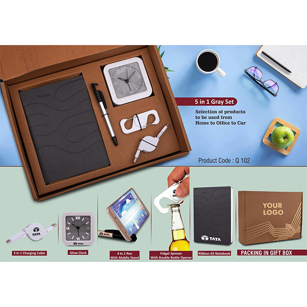 Q102 – 5 In 1 Gray Set: Expandable Data Cable, Spinner With Bottle Opener, 4 In 1 Pen, Glow Clock And A5 Pu Notebook In Kraft Gift Box