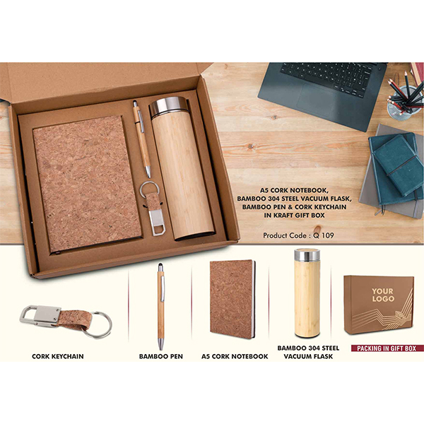 Q109 – Ecoset 3: Set Of A5 Cork Notebook, Bamboo 304 Steel Vacuum Flask, Bamboo Pen & Cork Keychain In Kraft Gift Box