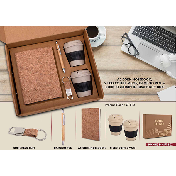 Q110 – Ecoset 4: Set Of A5 Cork Notebook, 2 Bamboo Coffee Mugs With Silicon Sleeve, Bamboo Pen & Cork Keychain In Kraft Gift Box