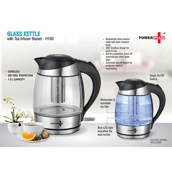 H160 – Glass Kettle With Tea Infuser Basket & Led Illumination