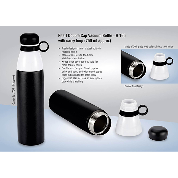 H165 – Pearl Double Cap Vacuum Bottle In Metallic Finish With Carry Loop (750 Ml Approx)