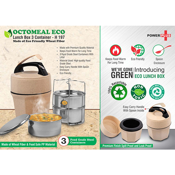 H197 – Octomeal Eco: 3 Steel Container Lunch Box With Spoon | Made From Eco Friendly Material | 100% Recyclable