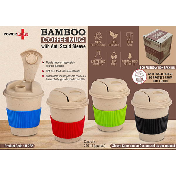 H222 – Bamboo Coffee Mug: Eco Friendly Mug With Flip Top Lid And Anti-Scald Sleeve | Capacity 250 Ml