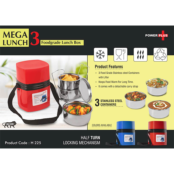 H225 – Power Plus Mega Steel Lunch Box- 3 Stainless Steel Containers With Lifter
