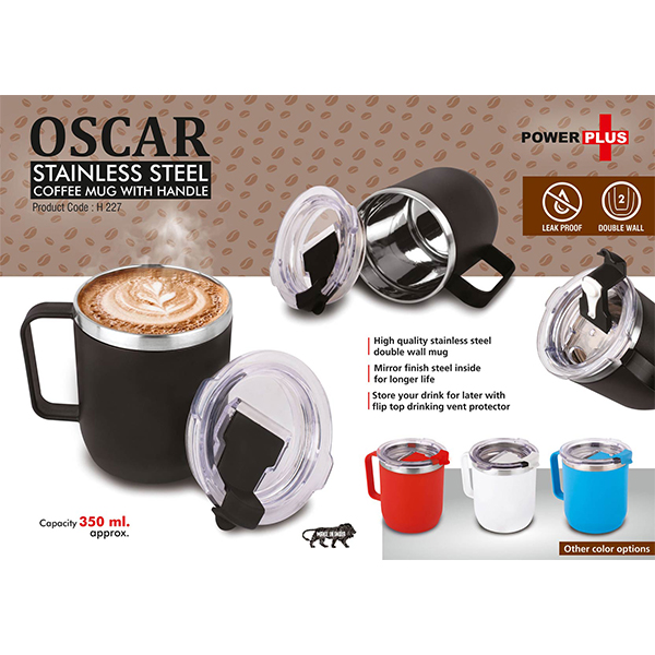 H227 – Oscar: Stainless Steel Coffee Mug With Handle | Premium Clear Cap With Flip Top Lid | Leakproof | Capacity 350Ml Approx