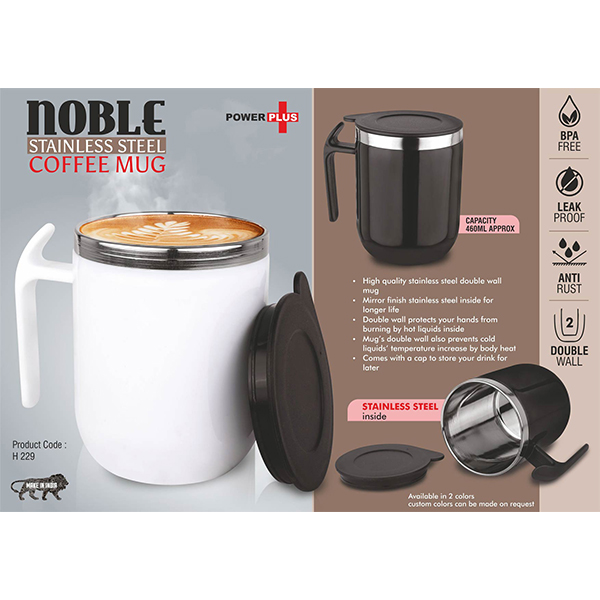 H229 – Noble: Stainless Steel Double Wall Coffee Mug With Pointy Handle | Leakproof | Capacity 460Ml Approx